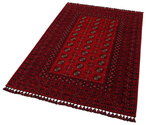 Load image 1 in gallery view. The Berry Pattern - Kilim - BHR04 is a rectangular red Turkish rug featuring an intricate geometric design, repeating motifs, detailed borders, and tasseled fringe on the short sides. This machine-made rug combines beauty with durability.