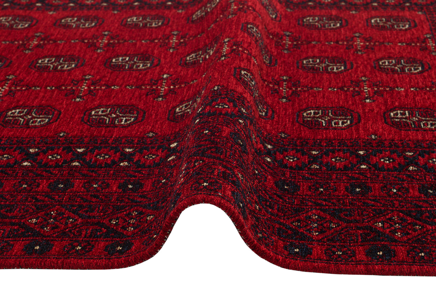 The Berry Pattern - Kilim - BHR04, featuring bold red with black and white geometric designs, is displayed draped in a wave shape with a central crease against a white background.
