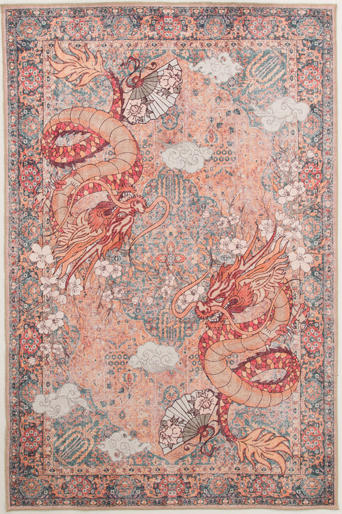 Load image 1 in gallery view. The Blazefang Myth - Washable Rug (JR0049) showcases two bold red and orange dragons facing each other, set amid clouds, flowers, and geometric motifs in a detailed Asian-inspired design on a pink-toned background.