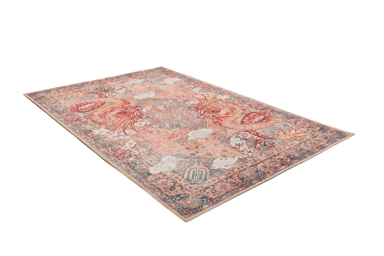 The Blazefang Myth - Washable Rug (JR0049) is a rectangular Oriental-style flat weave rug featuring two large red dragons, clouds, and floral motifs in muted pink, blue, and cream on a white background.
