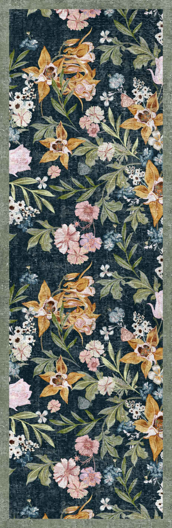 The Bloom Garden - Washable Rug - JRN1039 (Custom Size) features orange, pink, and white floral patterns with green leaves on a dark background, finished with a textured green border.
