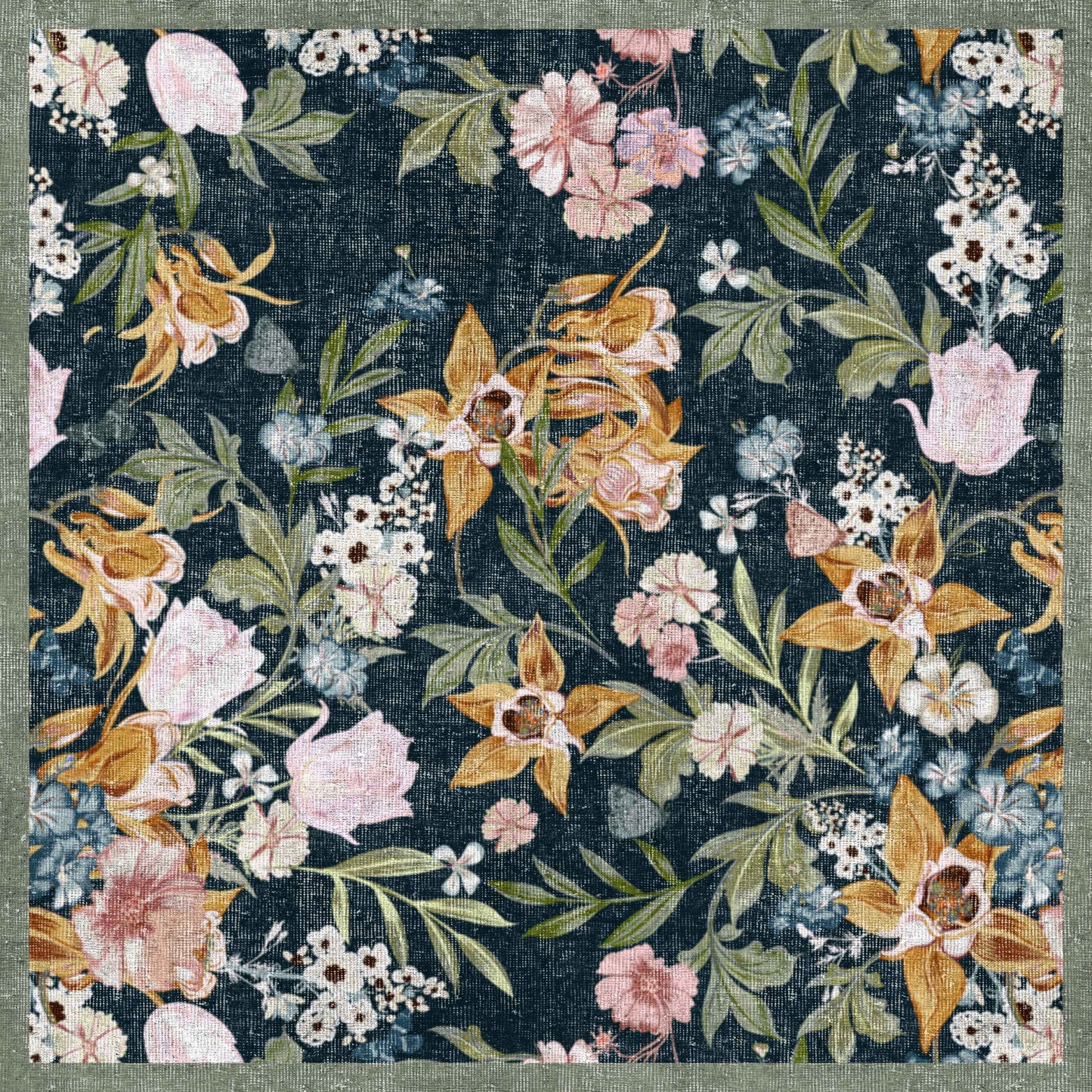 The Bloom Garden - Washable Rug - JRN1039 (Custom Size) is a square flat weave rug with a vintage floral pattern of pink and yellow flowers, green leaves, and white blossoms on a dark background, finished with a textured green border.