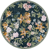 The Bloom Garden - Washable Rug - JRN1039 (Custom Size) is a round, washable rug with a dark background and vintage floral patterns in pink, yellow, white, and green, finished with a light gray border.