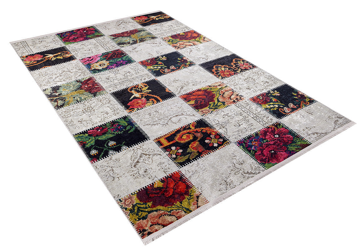 The Blooming Paradise - Washable Rug - JR188 (Custom Size) features a vibrant patchwork of floral and neutral textured squares in a grid layout on white, making it perfect for high-traffic areas.