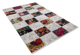 The Blooming Paradise - Washable Rug - JR188 (Custom Size) features a vibrant patchwork of floral and neutral textured squares in a grid layout on white, making it perfect for high-traffic areas.