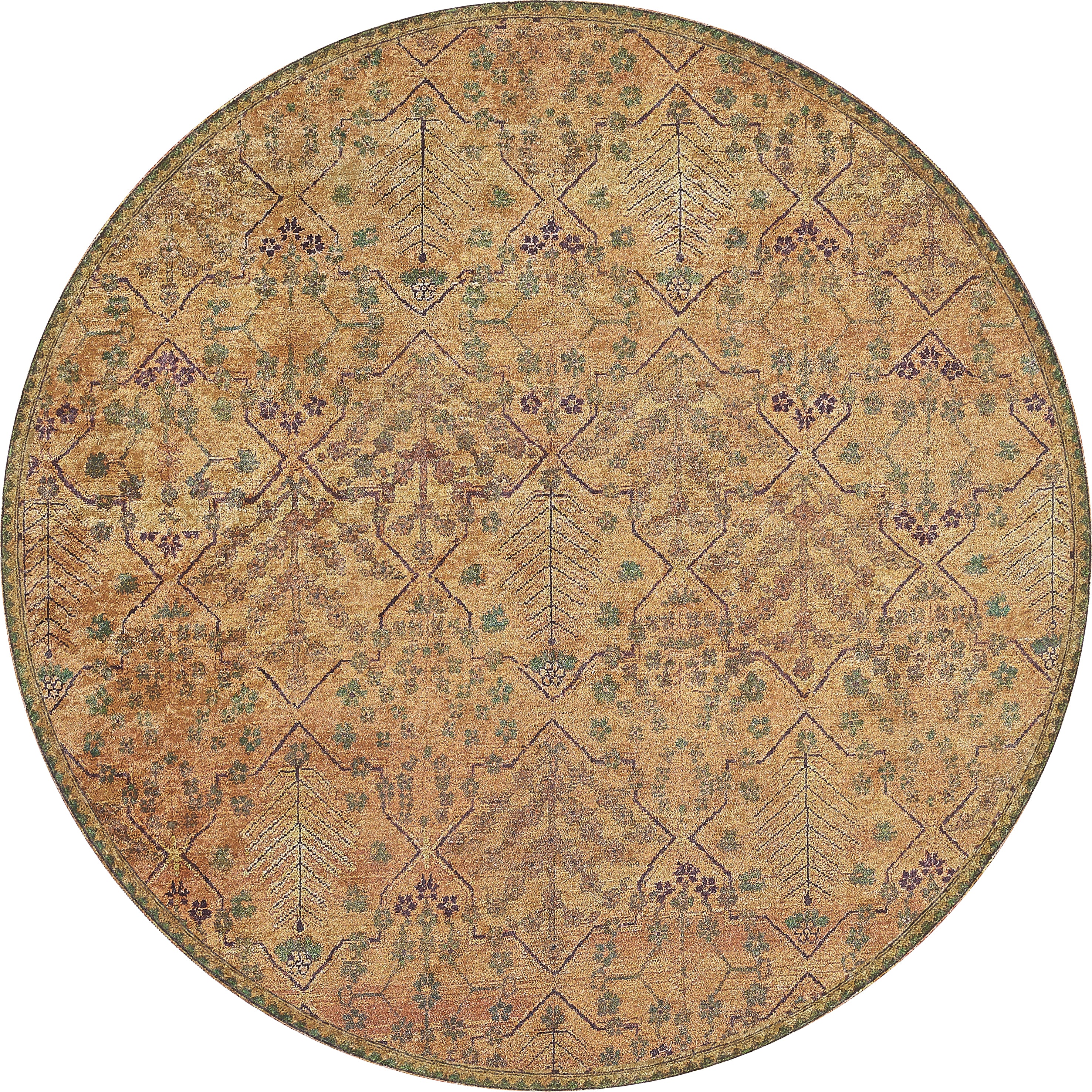 The Blossom Breeze - Washable Rug - JR1752 is a round, vintage-style flat weave rug with a faded geometric and floral pattern in earthy brown, gold, purple, and green tones. Its symmetrical design is both intricate and washable for easy care.