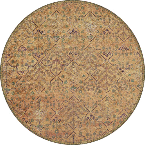 Load image 1 in gallery view. The Blossom Breeze - Washable Rug - JR1752 is a round, vintage-style flat weave rug with a faded geometric and floral pattern in earthy brown, gold, purple, and green tones. Its symmetrical design is both intricate and washable for easy care.