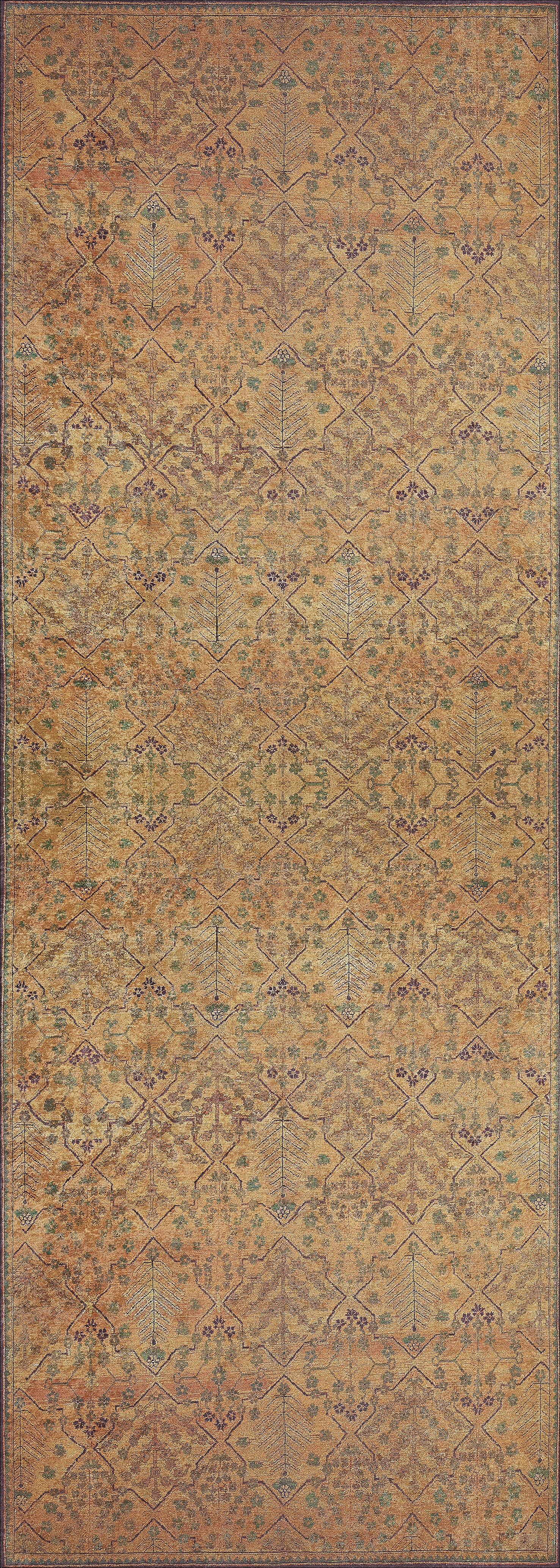 The Blossom Breeze - Washable Rug - JR1752 is a vintage-style orange rug with a faded gold background, showcasing an intricate floral and geometric pattern with flat weave, plus subtle green and purple accents for extra charm.