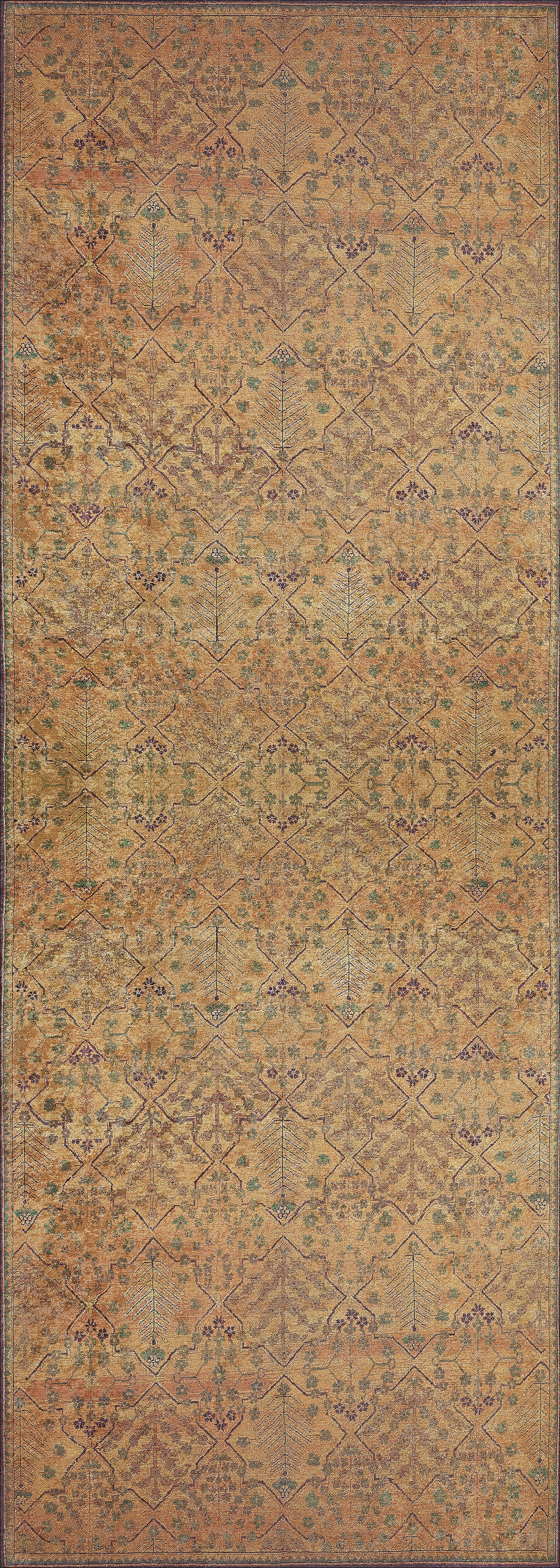 The Blossom Breeze - Washable Rug - JR1752 is a vintage-style orange rug with a faded gold background, showcasing an intricate floral and geometric pattern with flat weave, plus subtle green and purple accents for extra charm.