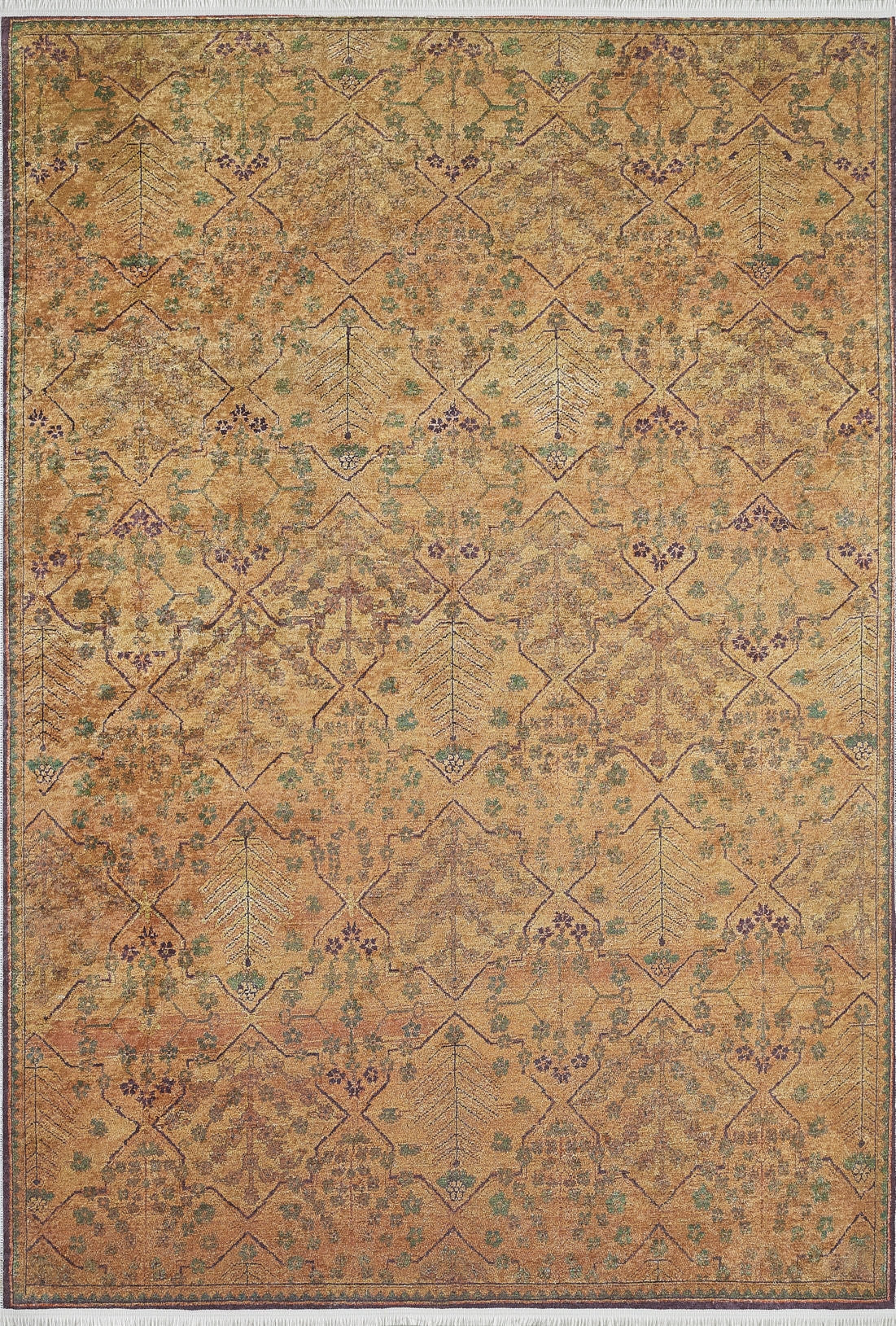 The Blossom Breeze - Washable Rug - JR1752 (Custom Size) features a golden-yellow base with intricate geometric and floral patterns in brown, green, and purple tones. Its large, ornate design is ideal for high-traffic areas and provides a subtle, weathered texture.