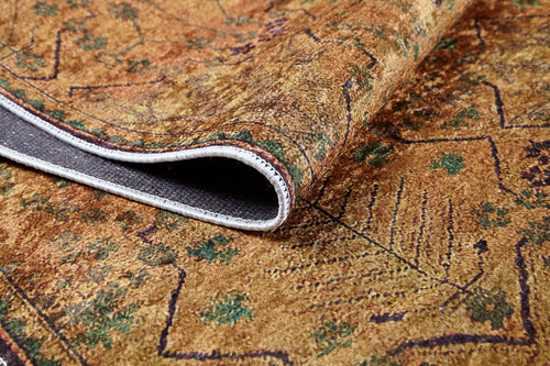Load image 1 in gallery view. A close-up of the Blossom Breeze - Washable Rug - JR1752 (Custom Size) in brown, gold, and green shows its stitched border and underside—durable and washable, it's ideal for high-traffic areas.