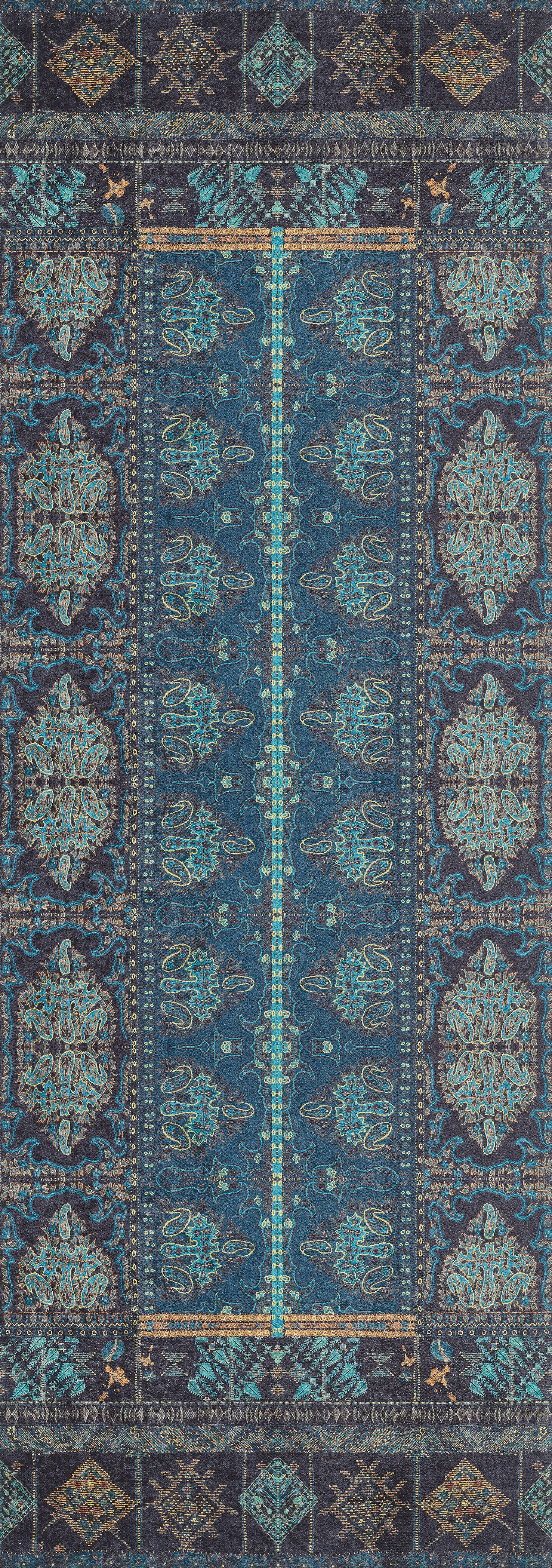 The Blossoming Bazaar - Washable Rug - JR1862 is a rectangular, ornate blue rug with intricate floral and geometric patterns in blue, turquoise, and gold—perfect for high-traffic areas and easy to clean.