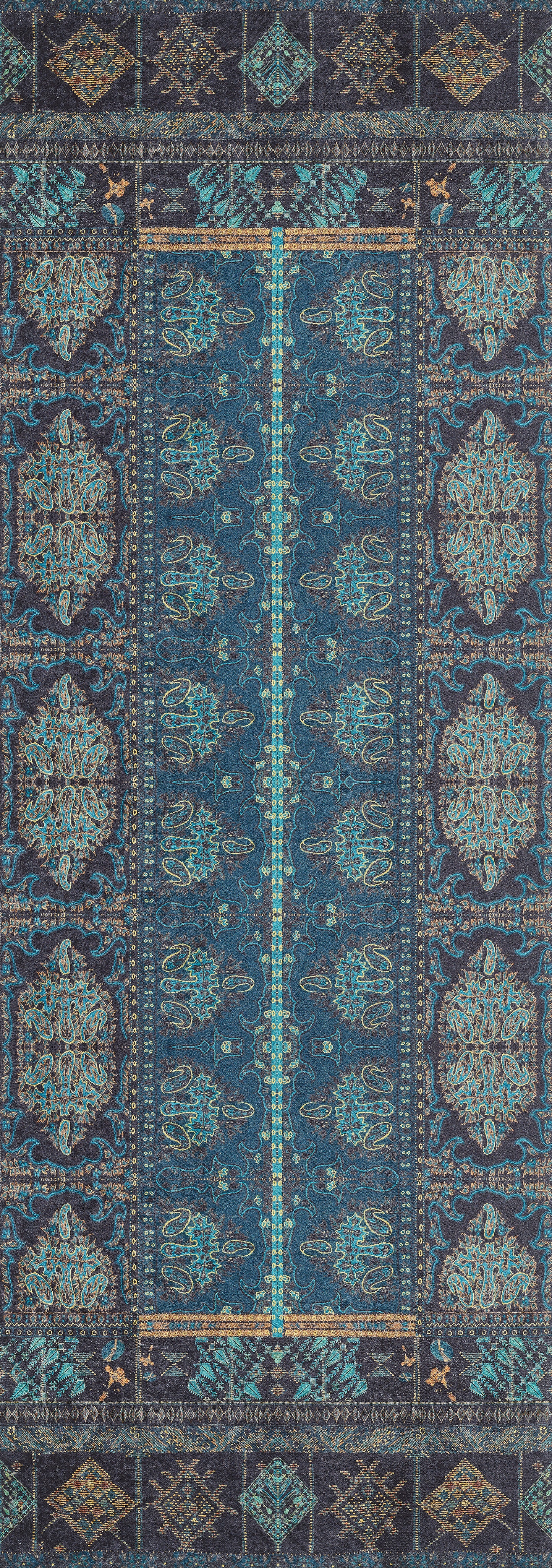 The Blossoming Bazaar - Washable Rug - JR1862 is a rectangular, ornate blue rug with intricate floral and geometric patterns in blue, turquoise, and gold—perfect for high-traffic areas and easy to clean.