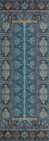 The Blossoming Bazaar - Washable Rug - JR1862 is a rectangular, ornate blue rug with intricate floral and geometric patterns in blue, turquoise, and gold—perfect for high-traffic areas and easy to clean.