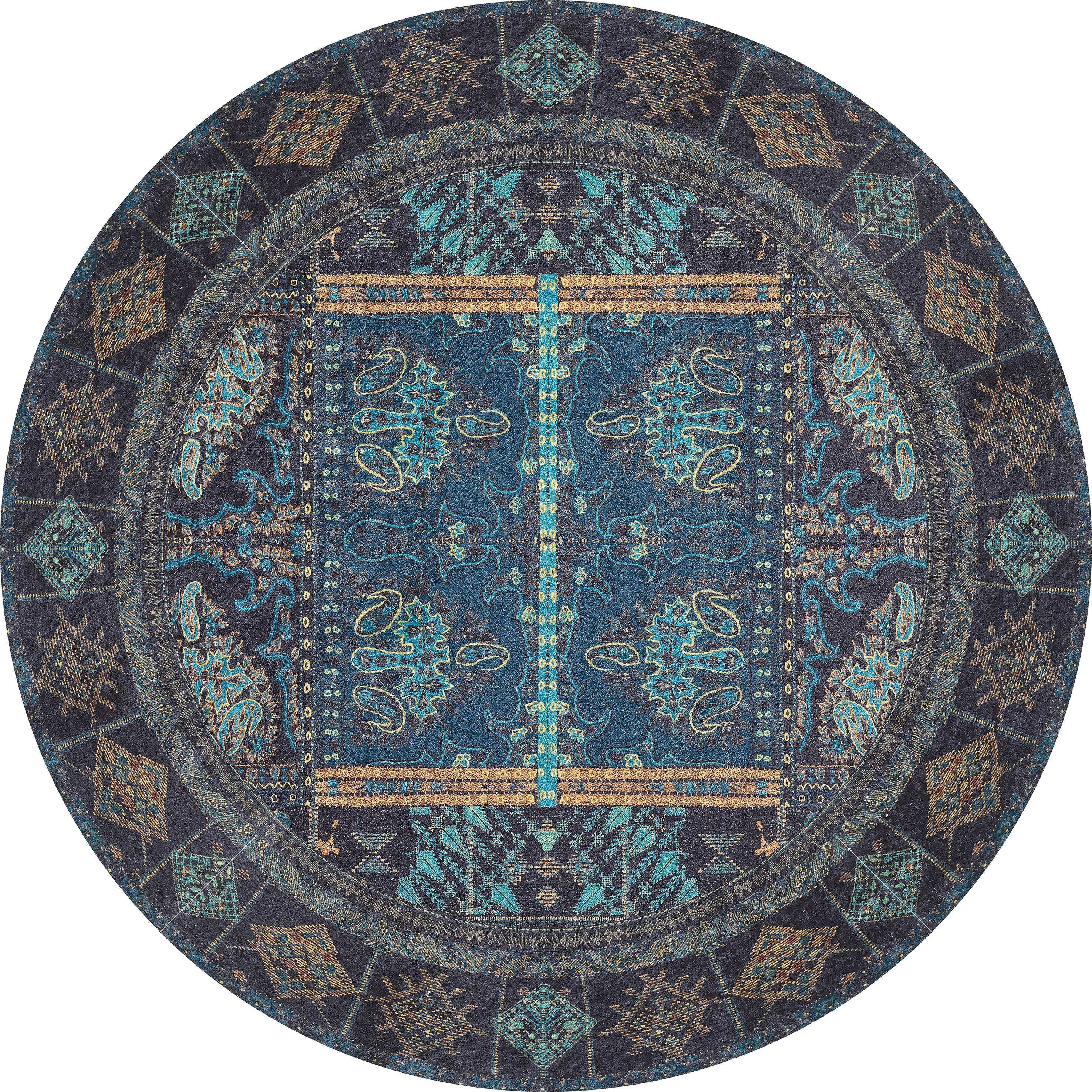 The Blossoming Bazaar - Washable Rug - JR1862 is a round blue rug with an intricate, symmetrical pattern in blue, teal, and gold tones—a stylish, washable choice for high-traffic spaces.