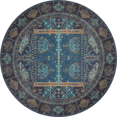 Load image 1 in gallery view. The Blossoming Bazaar - Washable Rug - JR1862 is a round blue rug with an intricate, symmetrical pattern in blue, teal, and gold tones—a stylish, washable choice for high-traffic spaces.