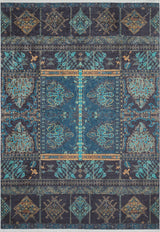 The Blossoming Bazaar - Washable Rug - JR1862 (Custom Size) features intricate blue, teal, and gold geometric and floral patterns with a central medallion. Its washable design is perfect for high-traffic areas, offering elegance and durability.