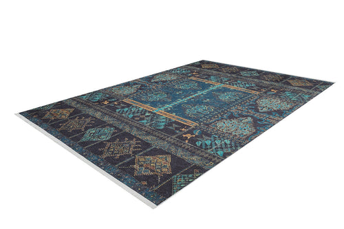 Load image 1 in gallery view. The Blossoming Bazaar - Washable Rug - JR1862 (Custom Size) features an intricate blue, teal, and gold geometric and floral pattern on a dark background—perfect for high-traffic areas and easy to clean.