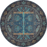 The Blossoming Bazaar - Washable Rug - JR1862 (Custom Size) features an ornate, symmetrical pattern in blue, teal, gold, and dark hues with geometric borders—ideal for high-traffic spaces seeking traditional Persian style in a washable round rug.