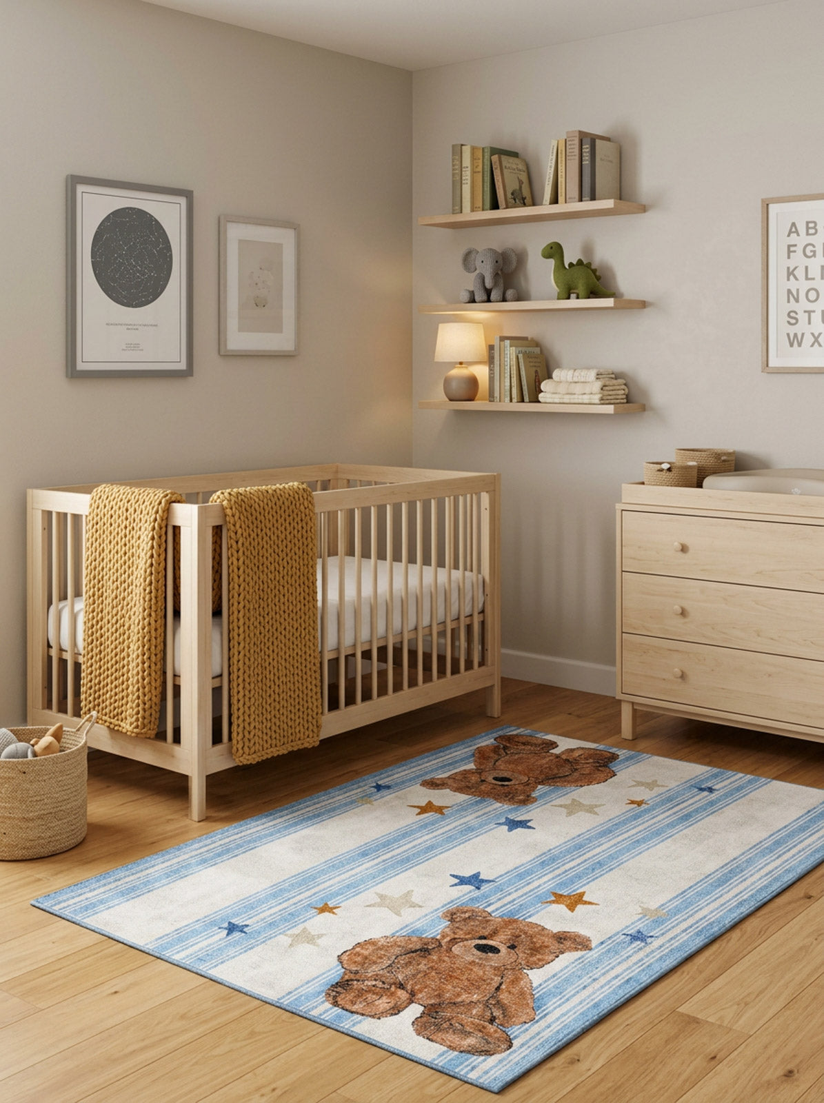 Blue Teddy Stars - Washable Kids Rug - JRN1105
