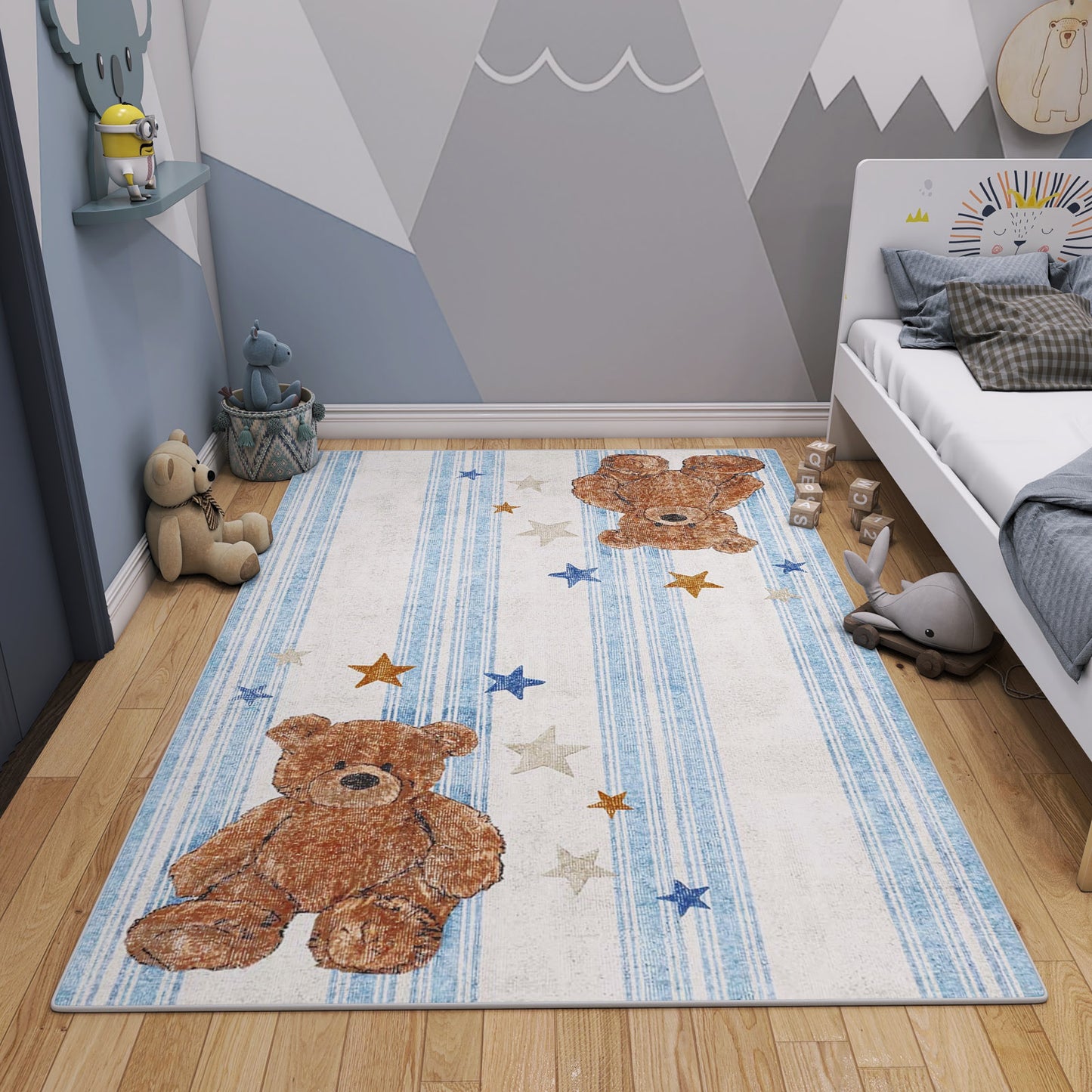 Blue Teddy Stars - Washable Kids Rug - JRN1105 (Custom Size)
