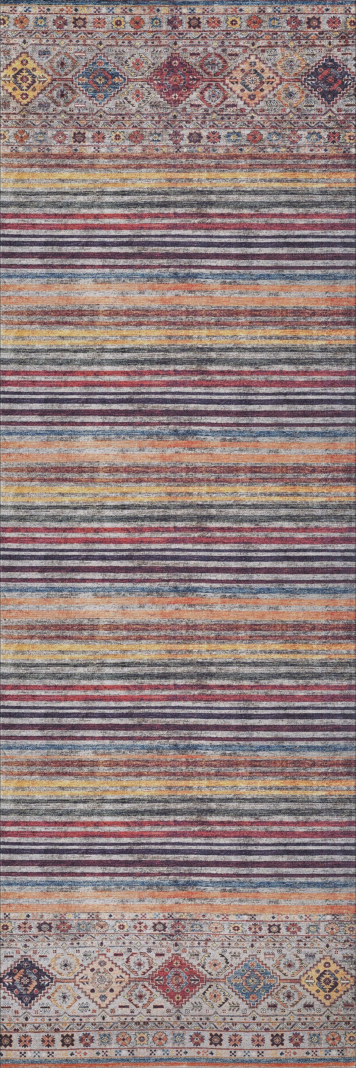 The Bohemian Bouquet - Washable Rug - JR5090 features multicolor horizontal stripes in red, blue, yellow, and gray with geometric borders and diamond motifs—perfect for easy care.