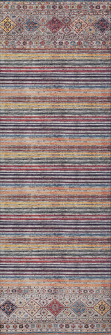 The Bohemian Bouquet - Washable Rug - JR5090 features multicolor horizontal stripes in red, blue, yellow, and gray with geometric borders and diamond motifs—perfect for easy care.