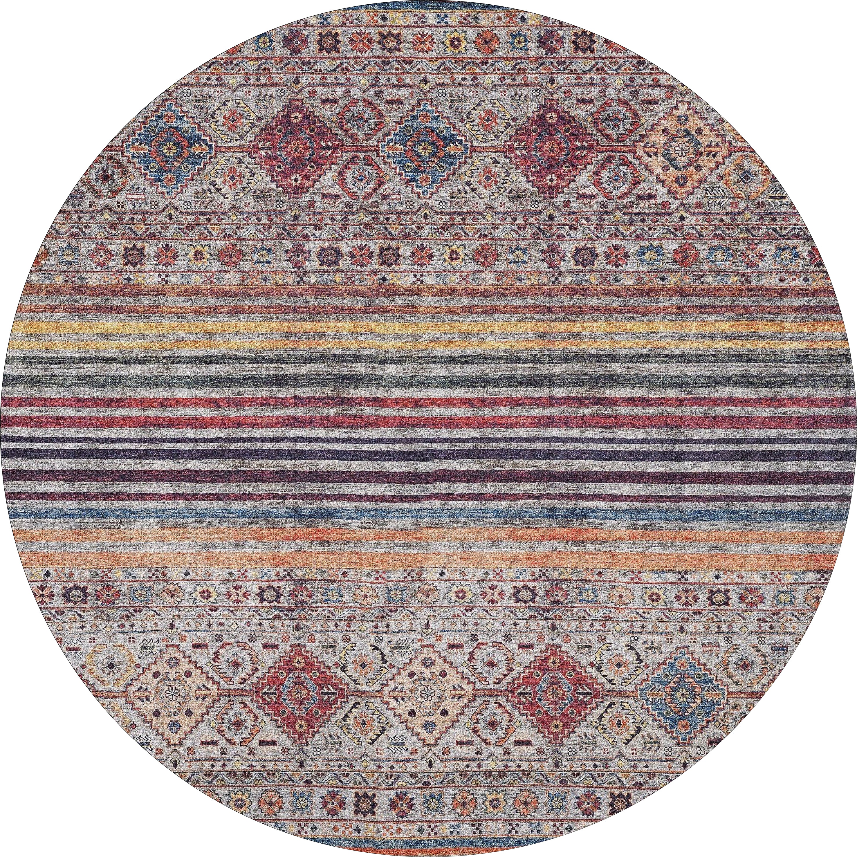 The Bohemian Bouquet - Washable Rug - JR5090 showcases multicolor geometric and floral patterns in red, blue, yellow, and beige, accented by central horizontal stripes and ornate borders for a vibrant look.