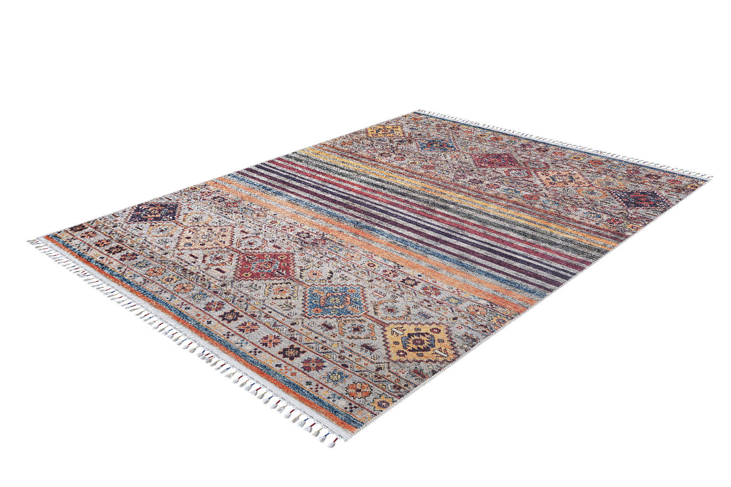 The Bohemian Bouquet - Washable Rug - JR5090 (Custom Size) is a rectangular flat weave rug with an intricate multicolor geometric and floral pattern, featuring stripes, diamonds in vibrant colors, and white fringe on the short edges.