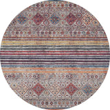 The Bohemian Bouquet - Washable Rug - JR5090 (Custom Size) is a multicolor round accent with a flat weave, showcasing geometric and floral patterns in red, blue, yellow, and beige plus symmetrical stripes and diamond motifs for a vibrant look.