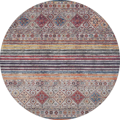 Load image 1 in gallery view. The Bohemian Bouquet - Washable Rug - JR5090 (Custom Size) is a multicolor round accent with a flat weave, showcasing geometric and floral patterns in red, blue, yellow, and beige plus symmetrical stripes and diamond motifs for a vibrant look.