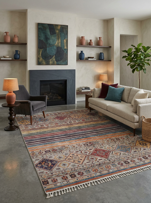 Load image 1 in gallery view. A modern living room with the Bohemian Bouquet - Washable Rug - JR5090, a beige sofa, dark armchair, round side table with a lamp, black fireplace, abstract art, shelves with vases, and a tall potted plant—ideal for high-traffic areas.