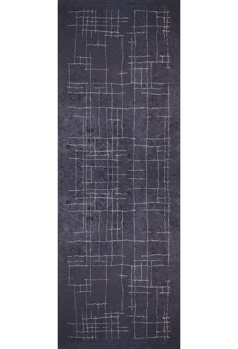 The Bohemian Illusion - Washable Rug - JR1953 is a rectangular, flat weave rug in dark gray with an abstract white crisscross pattern that forms an irregular grid.