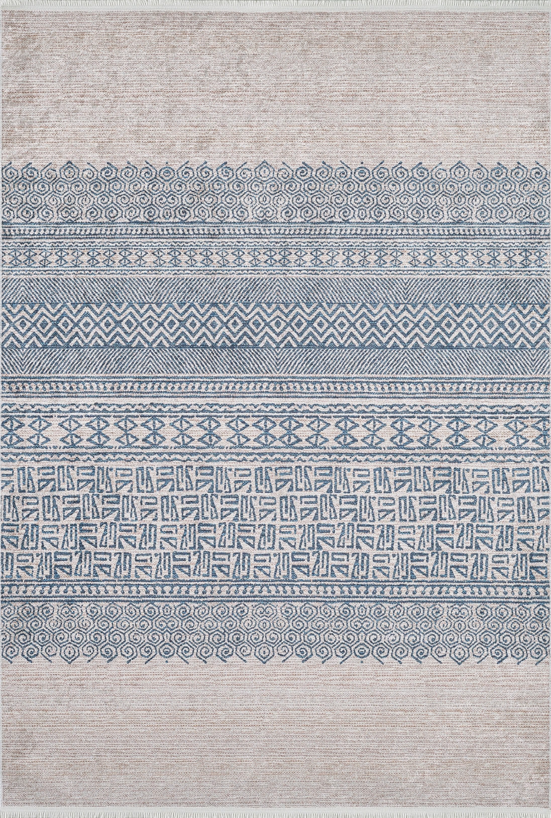 The Bohemian Nights - Washable Rug - JR1585 features horizontal bands of blue geometric and swirl designs on a light beige background. Its easy-care, washable material is perfect for high-traffic areas, while decorative borders bring added charm.