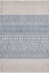 The Bohemian Nights - Washable Rug - JR1585 features horizontal bands of blue geometric and swirl designs on a light beige background. Its easy-care, washable material is perfect for high-traffic areas, while decorative borders bring added charm.
