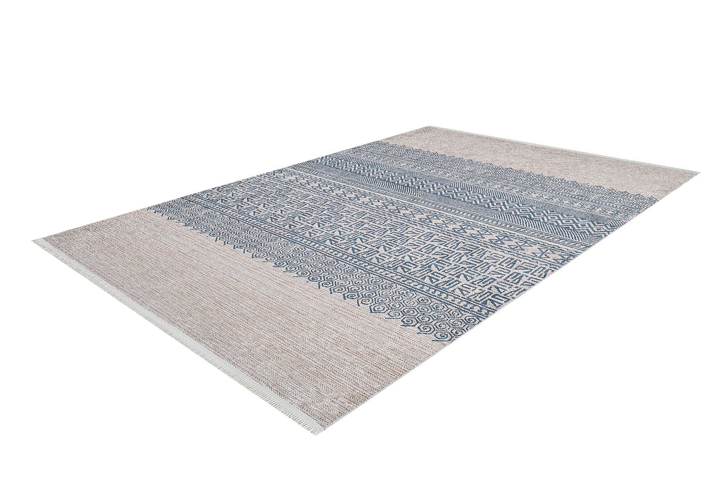Bohemian Nights - Washable Rug - JR1585 (Custom Size) features a beige base with detailed blue geometric bands, shown from an angled view—perfect for high-traffic spaces.