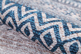 A close-up of the Bohemian Nights - Washable Rug - JR1585 (Custom Size), featuring a soft flat weave with blue and beige geometric zigzags and diamonds. The sharp pattern makes it ideal for high-traffic areas.