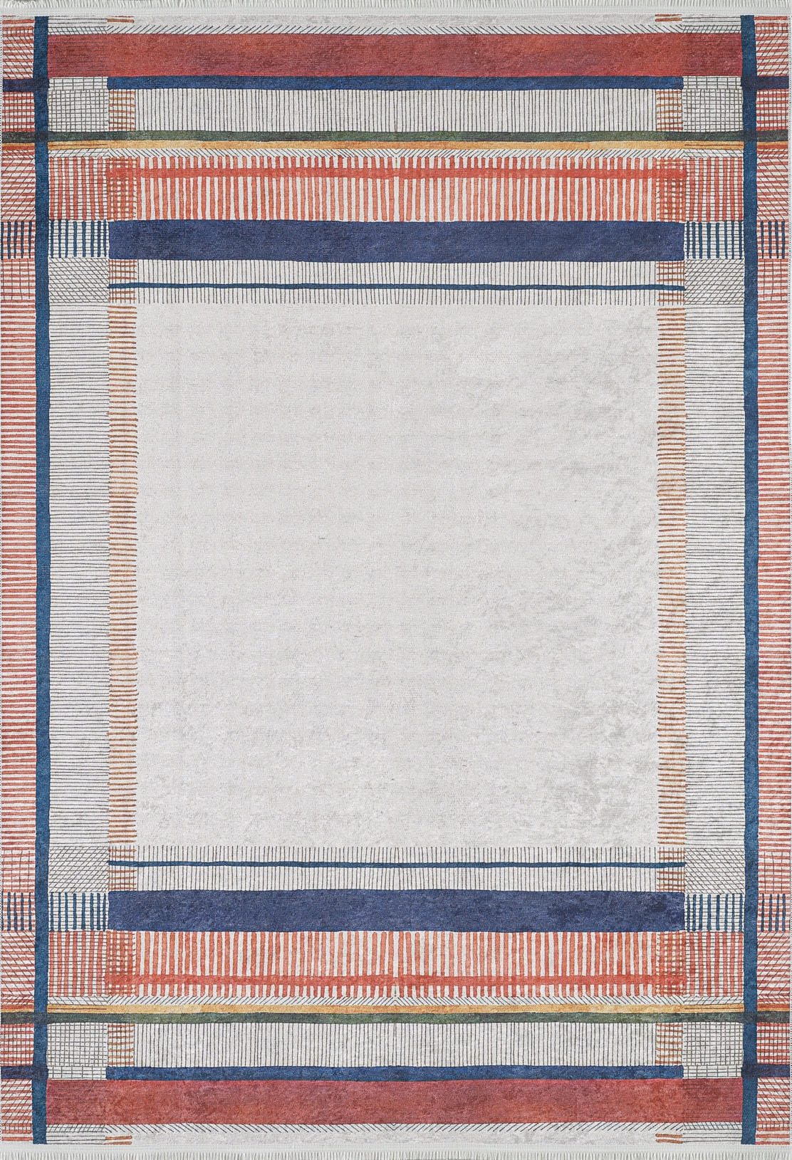 The Bohemian Nightscape - Washable Rug - JR1701 (Custom Size) features a minimalist rectangular design with a white center and navy blue, red, and light gray striped border—perfect for high-traffic areas.