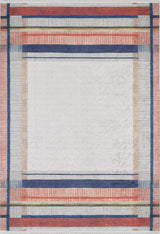 The Bohemian Nightscape - Washable Rug - JR1701 (Custom Size) features a minimalist rectangular design with a white center and navy blue, red, and light gray striped border—perfect for high-traffic areas.