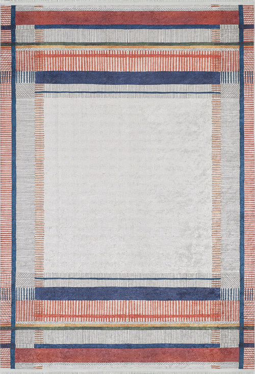 Bild 1 in Galerieansicht laden. The Bohemian Nightscape - Washable Rug - JR1701 (Custom Size) features a minimalist rectangular design with a white center and navy blue, red, and light gray striped border—perfect for high-traffic areas.