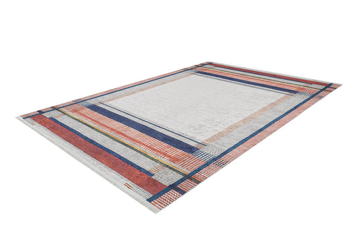 Bild 1 in Galerieansicht laden. The Bohemian Nightscape - Washable Rug - JR1701 (Custom Size) features a light gray center with red, blue, orange, and black geometric borders of stripes, lines, and checks. Durable and washable—ideal for high-traffic spaces.