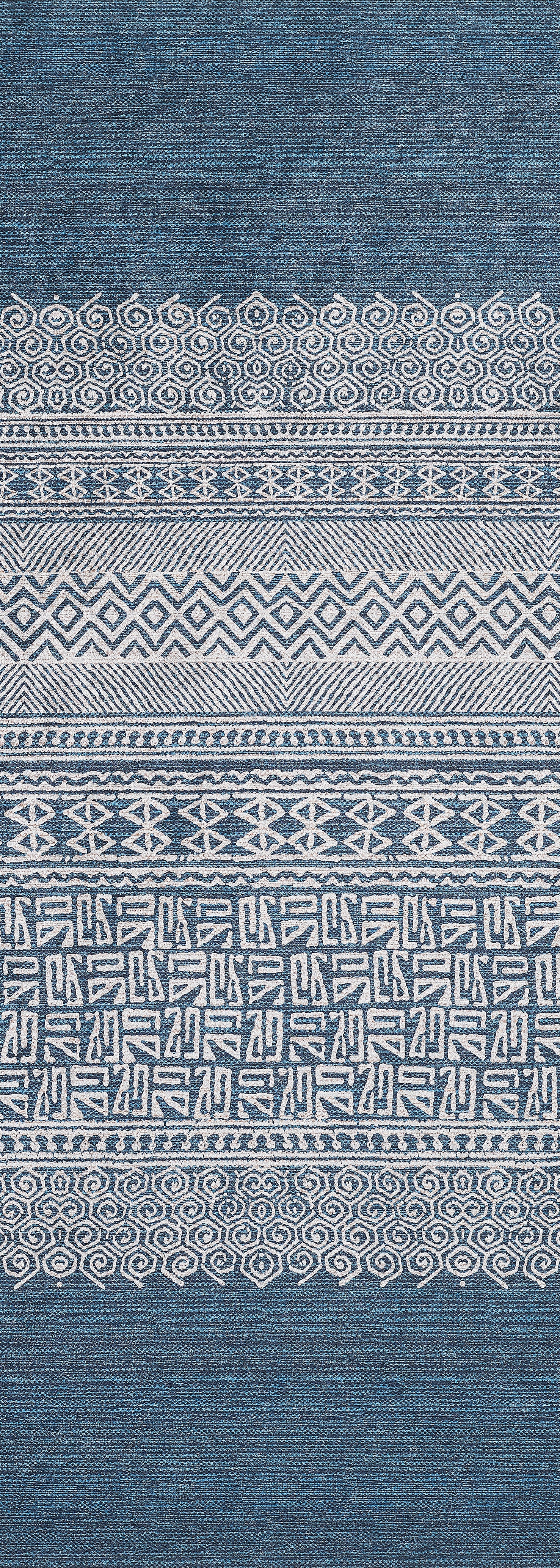 The Bohemian Retreat - Washable Rug - JR1589 features blue and white intricate geometric and abstract motifs in a durable, decorative woven design, ideal for high-traffic areas and easy to keep clean.