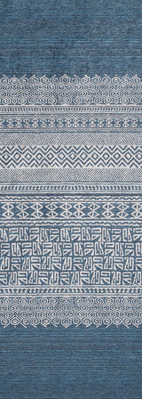 The Bohemian Retreat - Washable Rug - JR1589 features blue and white intricate geometric and abstract motifs in a durable, decorative woven design, ideal for high-traffic areas and easy to keep clean.