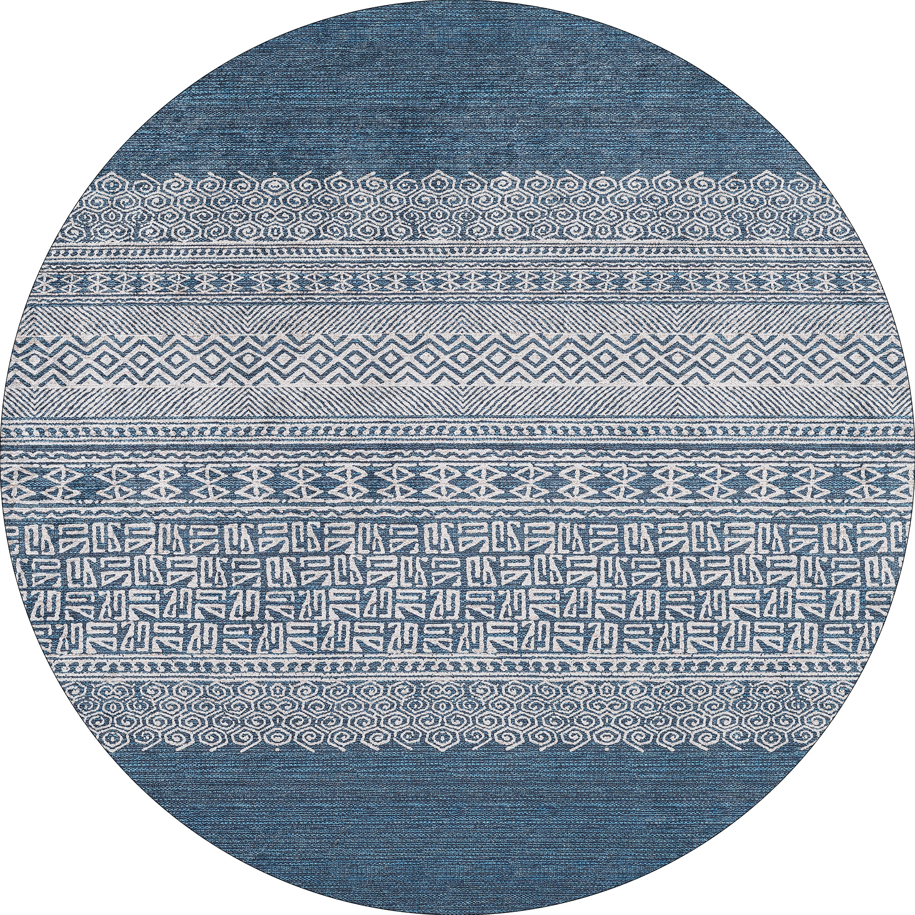 The Bohemian Retreat - Washable Rug - JR1589 is a round blue rug with white geometric and tribal-inspired patterns on a textured background, ideal for high-traffic spaces and easy to clean.