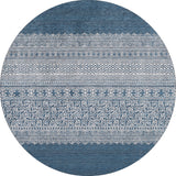 The Bohemian Retreat - Washable Rug - JR1589 is a round blue rug with white geometric and tribal-inspired patterns on a textured background, ideal for high-traffic spaces and easy to clean.