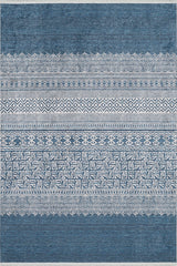 The Bohemian Retreat - Washable Rug - JR1589 (Custom Size) features blue and white geometric and swirl patterns in horizontal bands. With repeating motifs and a textured look, this rug is ideal for high-traffic areas and easy to clean.