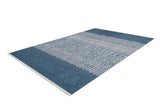 The Bohemian Retreat - Washable Rug - JR1589 (Custom Size) is a rectangular blue rug with white geometric and tribal-inspired patterns, featuring intricate lines and shapes. Ideal for high-traffic areas and easy to clean.