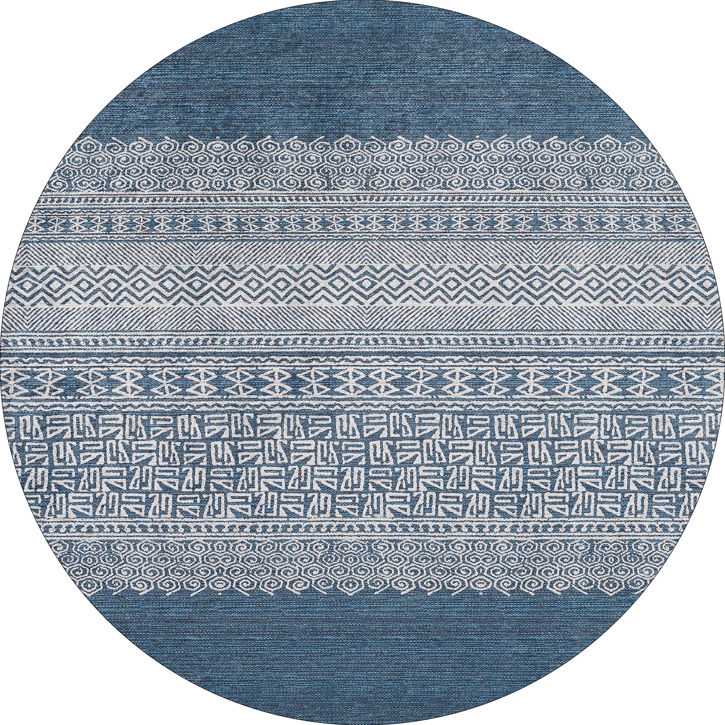 The Bohemian Retreat - Washable Rug - JR1589 features a round blue design with white geometric, swirl, and tribal-inspired patterns in horizontal bands—ideal for high-traffic areas and available in custom sizes.
