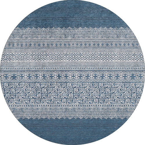 Load image 1 in gallery view. The Bohemian Retreat - Washable Rug - JR1589 features a round blue design with white geometric, swirl, and tribal-inspired patterns in horizontal bands—ideal for high-traffic areas and available in custom sizes.