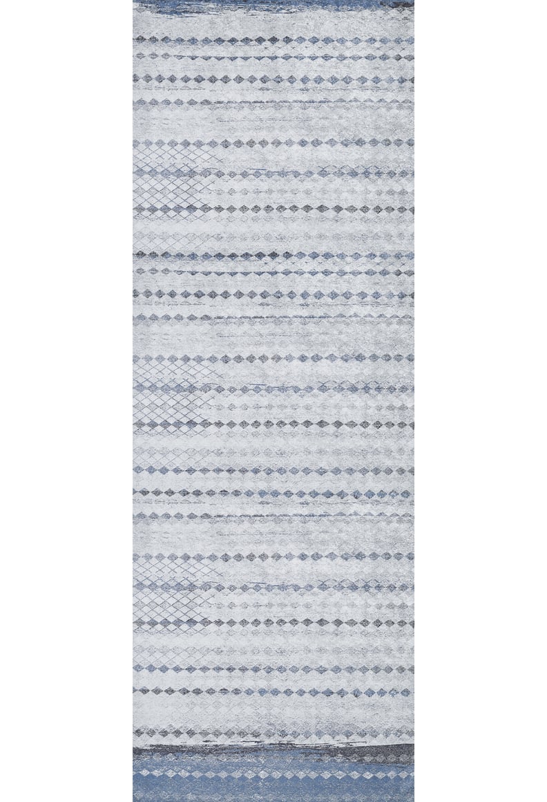 The Bohemian Reverie - Washable Rug (JR1974) features a rectangular design with horizontal rows of small diamonds and geometric patterns in blue and gray-anthracite on a light background—ideal for high-traffic spaces.